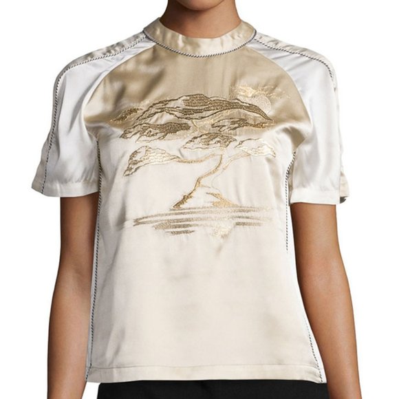 NWT Opening Ceremony Gold Bonsai Embroidered Silk Short Sleeve Tee, Size 4 - Picture 1 of 12